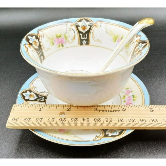 Antique Noritake Bouillon Set 1920s Hand Painted Roses Spoon Saucer Japan - Picture 4 of 13